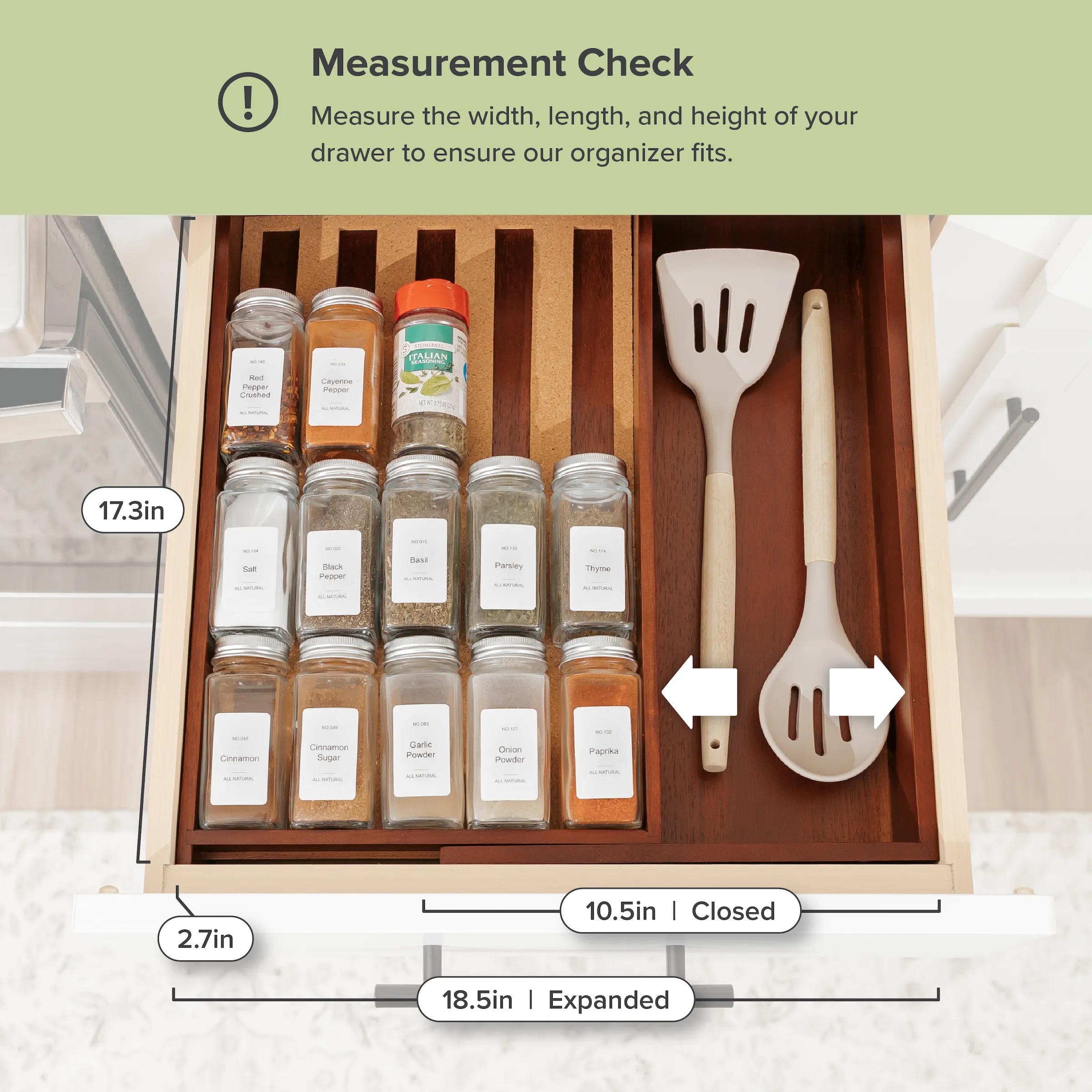 Acacia Spice Drawer Organizer (Expands 10.5 to 18.5 in)