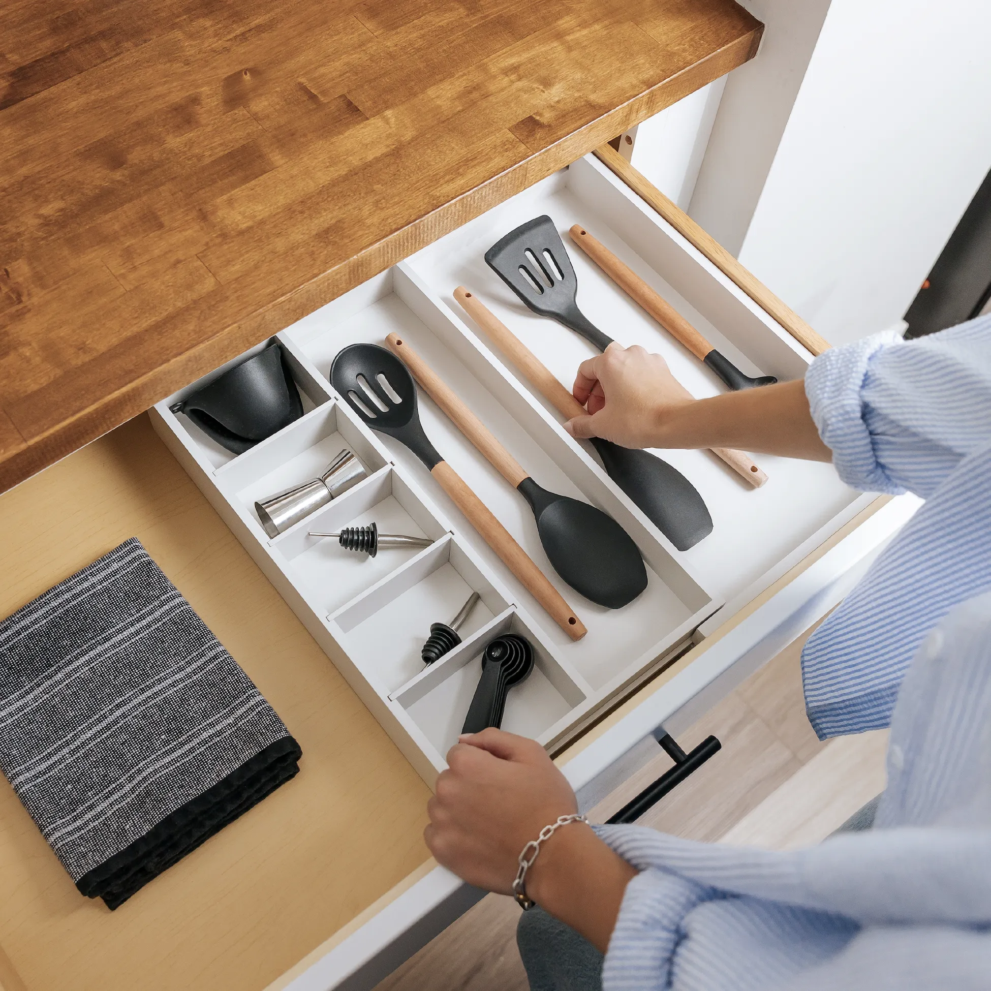 Bamboo Drawer Organizer for Utensils & Junk - White Finish (Expands 10.5-19in)