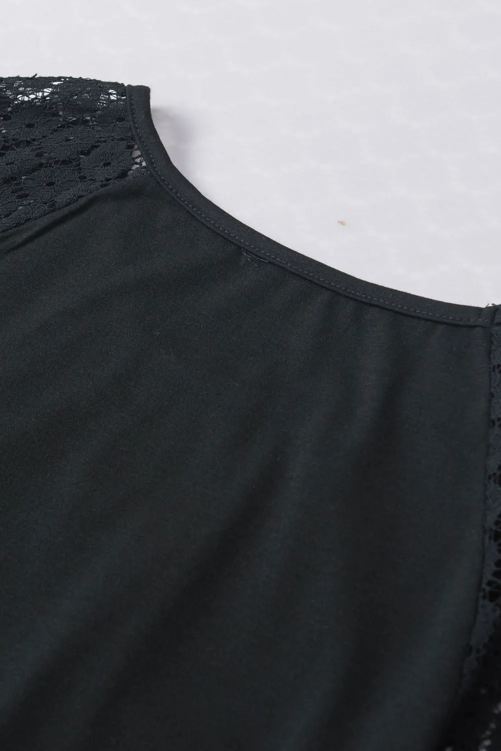 Black Lace Sleeve Keyhole Smocked Detail Blouse