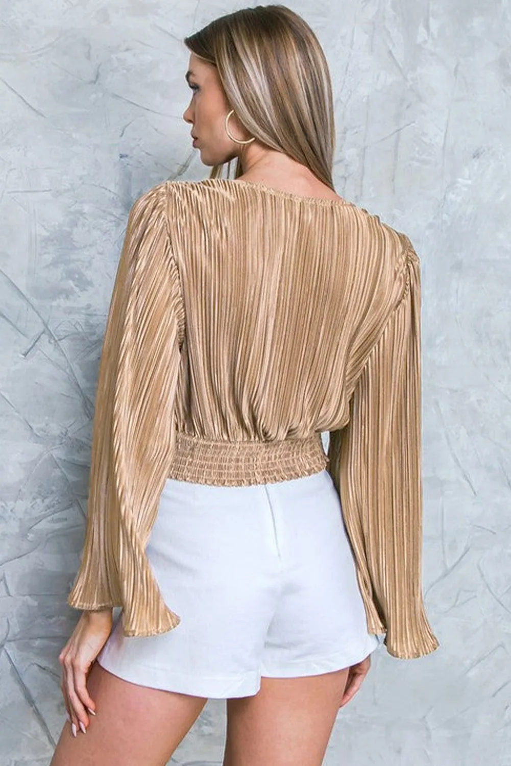 Camel Pleated Bell Sleeve Twist Tulip Hem Cropped Blouse