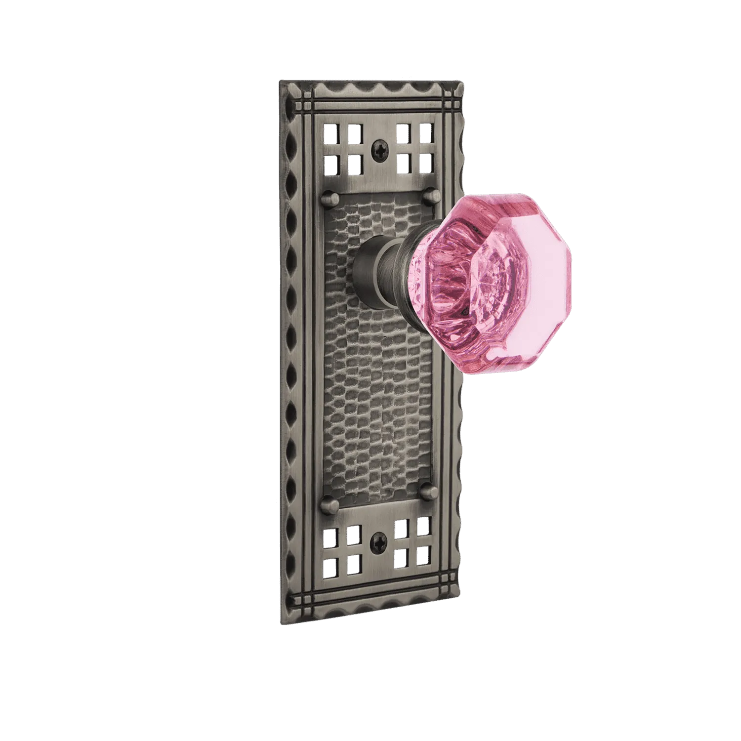 Craftsman Long Plate with Pink Waldorf Knob in Antique Pewter