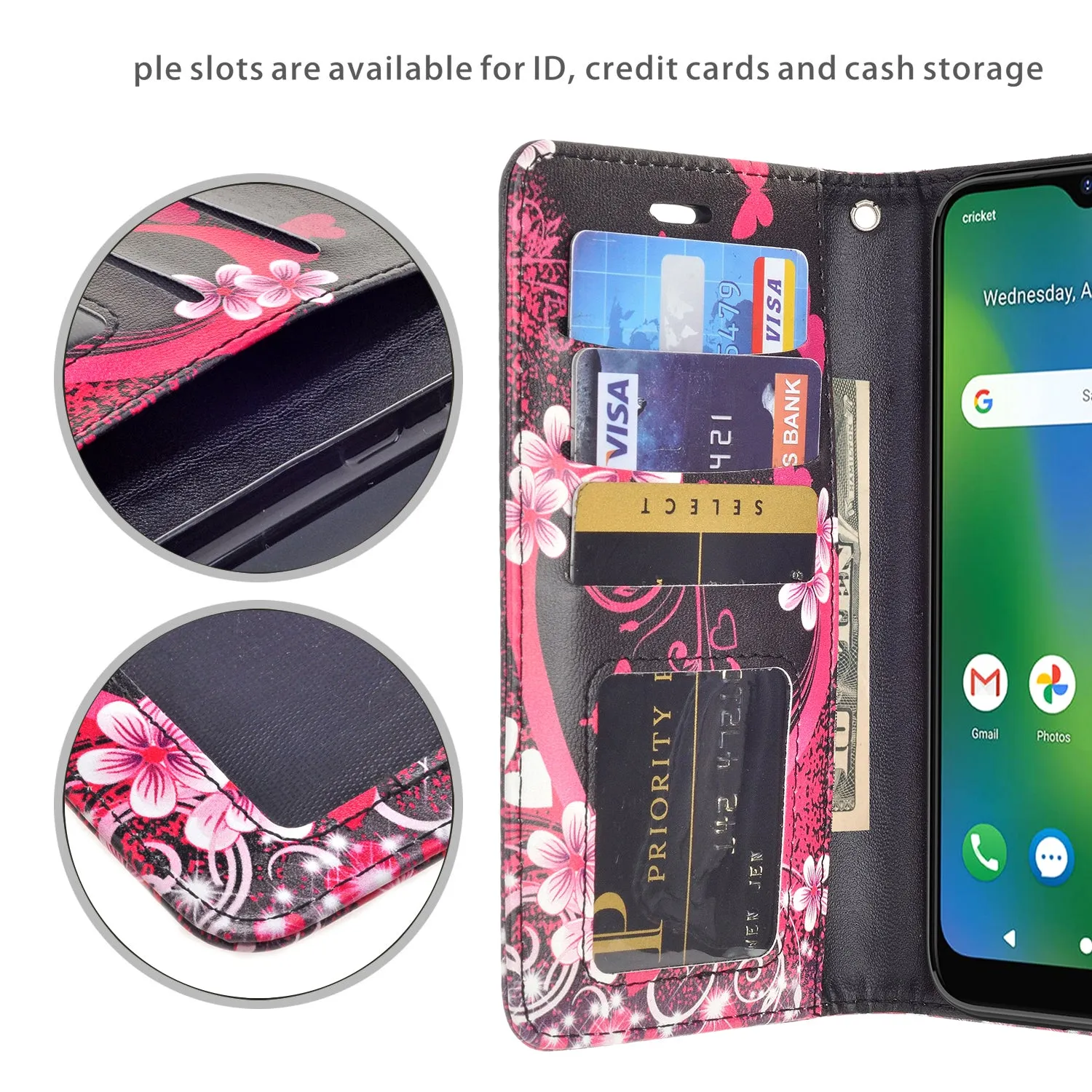 Cricket Influence Case, AT&T Maestro Plus Wallet Case, Wrist Strap Pu Leather Wallet Case [Kickstand] with ID & Credit Card Slots - Heart Butterflies