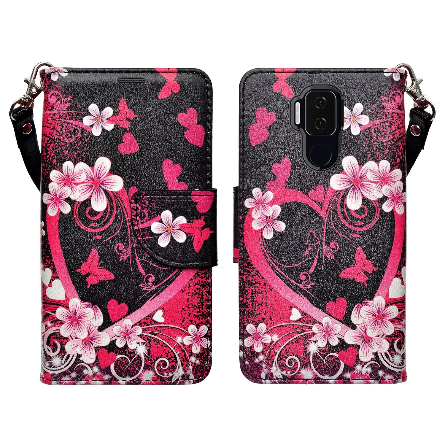 Cricket Influence Case, AT&T Maestro Plus Wallet Case, Wrist Strap Pu Leather Wallet Case [Kickstand] with ID & Credit Card Slots - Heart Butterflies