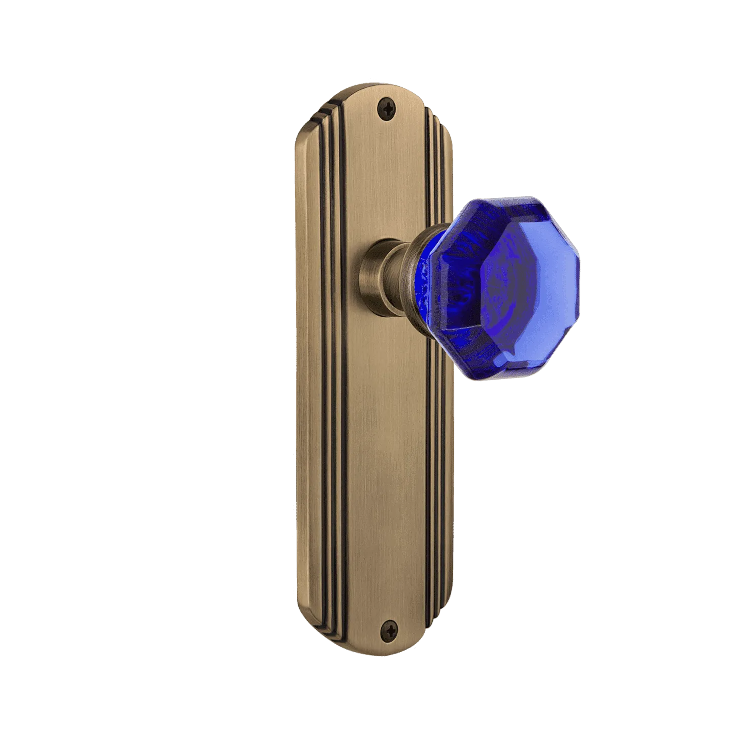 Deco Long Plate with Cobalt Waldorf Knob in Antique Brass
