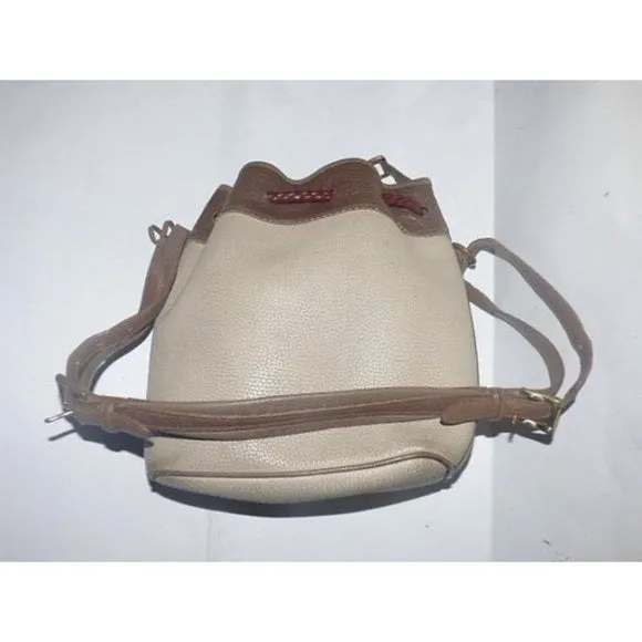 Early Dooney & Bourke, 'Teton' style, taupe, camel, brown leather, large, braided leather, drawstring top, cross body bag