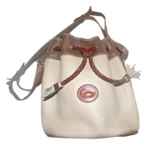 Early Dooney & Bourke, 'Teton' style, taupe, camel, brown leather, large, braided leather, drawstring top, cross body bag