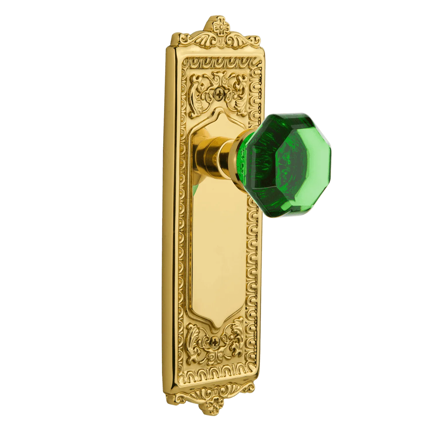 Egg & Dart Long Plate with Emerald Waldorf Knob in Unlacquered Brass