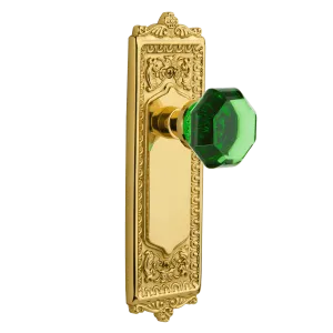 Egg & Dart Long Plate with Emerald Waldorf Knob in Unlacquered Brass