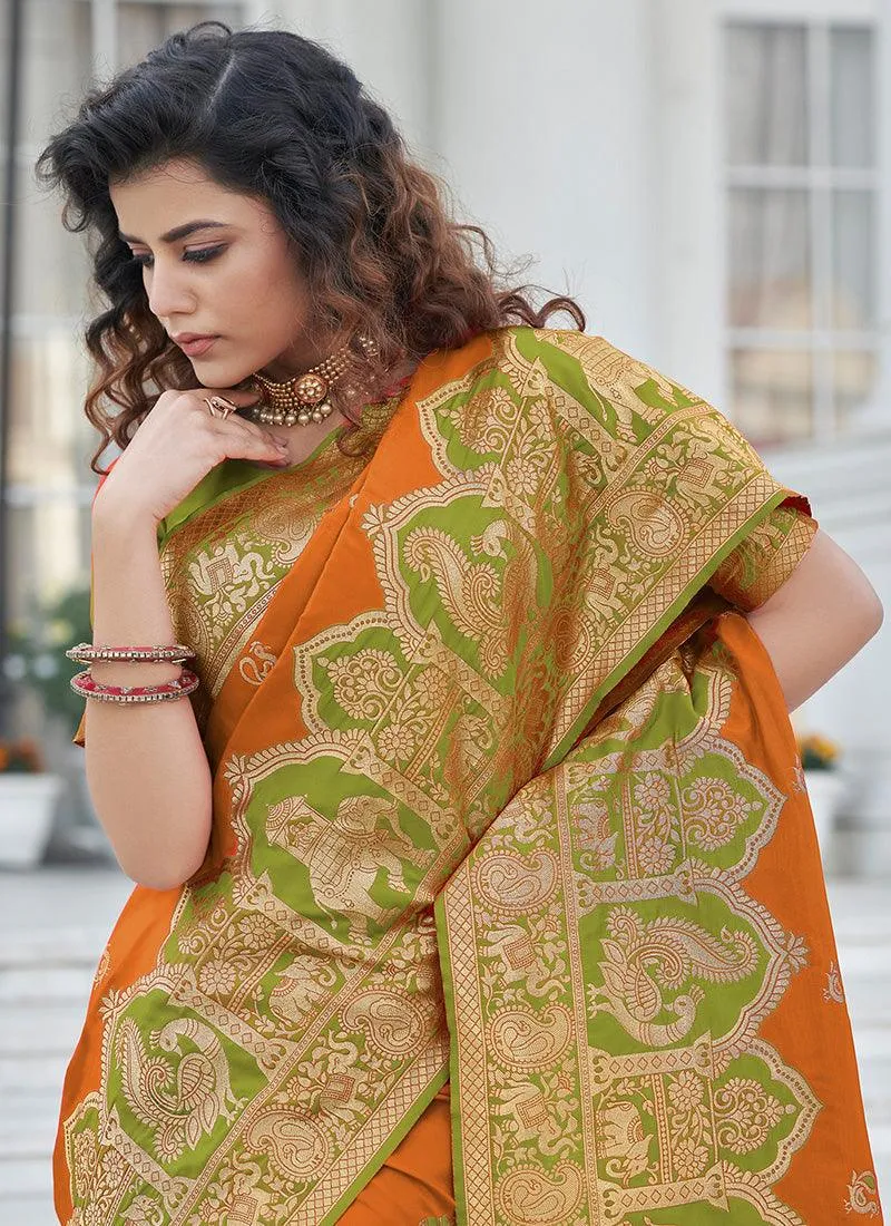 Elegant Orange Color Banarasi Silk Base Silk Weave Work Saree