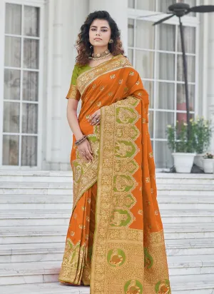 Elegant Orange Color Banarasi Silk Base Silk Weave Work Saree