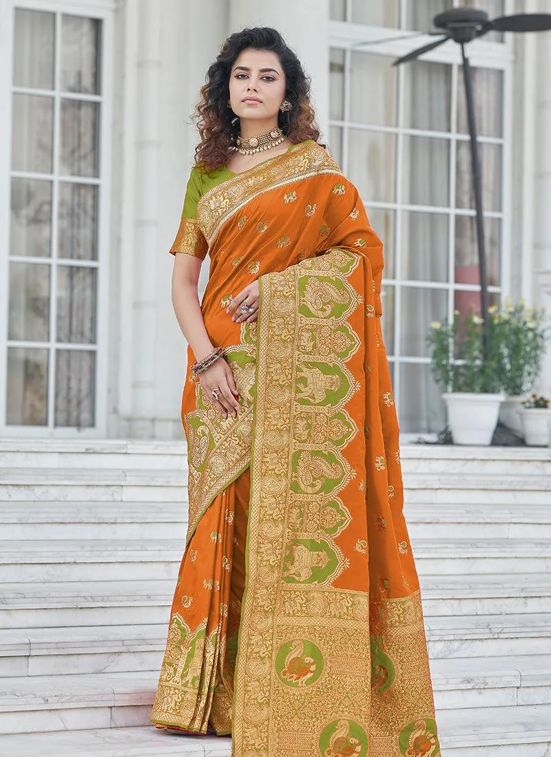 Elegant Orange Color Banarasi Silk Base Silk Weave Work Saree