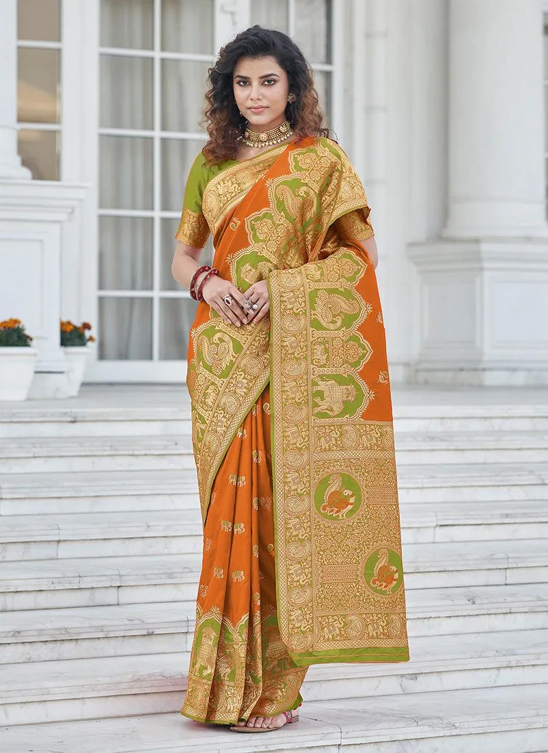 Elegant Orange Color Banarasi Silk Base Silk Weave Work Saree
