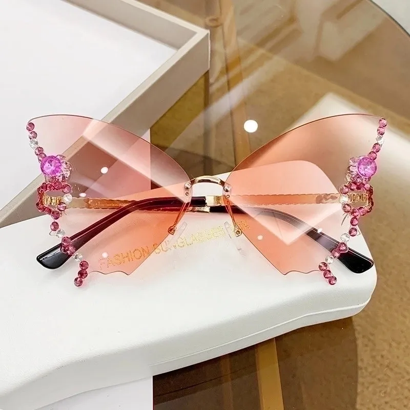 Elegant Solid Color Ac Butterfly Frame Diamond Frameless Women's Sunglasses