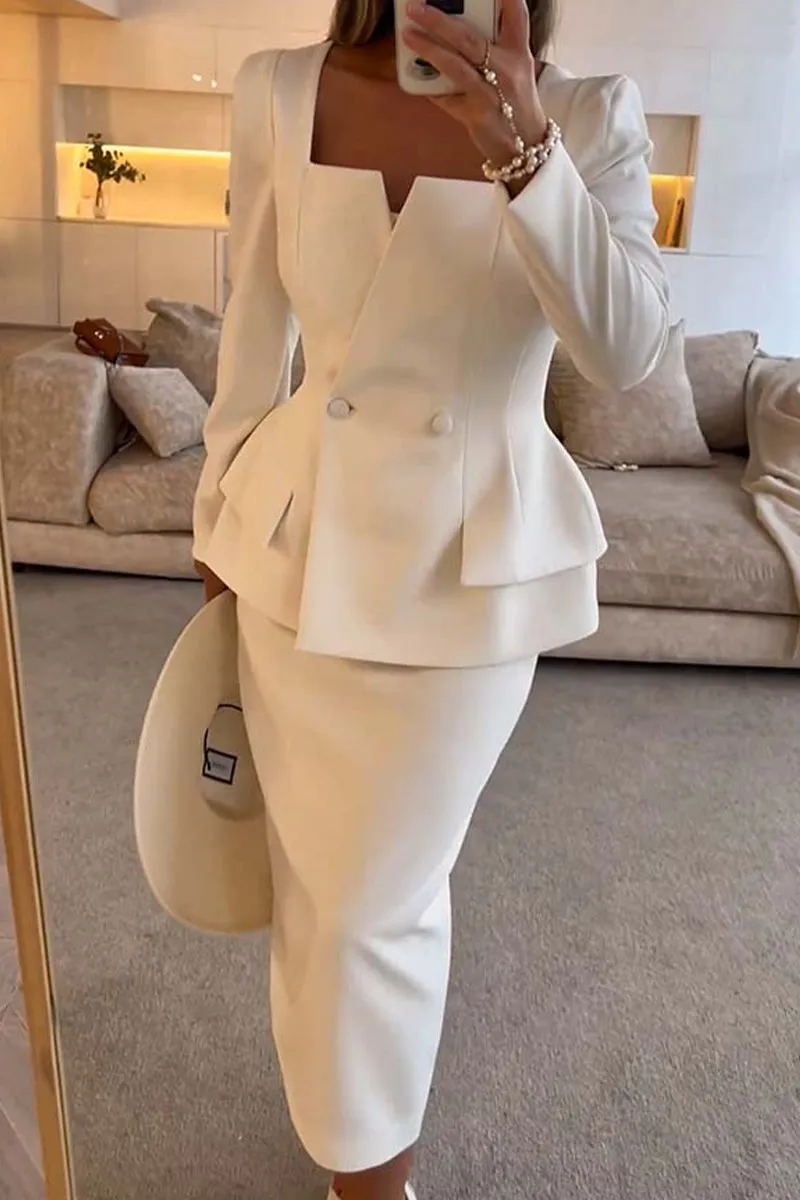 Elegant Solid Color Buttons Ruffle Square Neck Long Sleeve Two Pieces