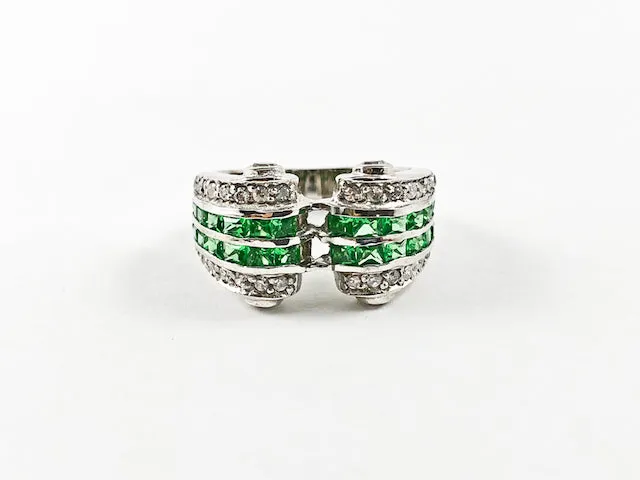 Elegant Unique Scroll Design Green Color CZ Silver Ring