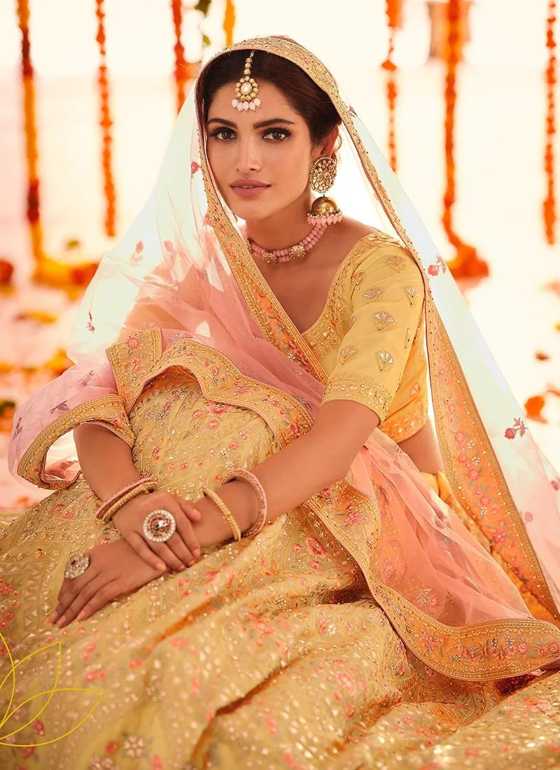 Elegant Yellow Color Organza Fabric Gota And Stone Work Lehenga