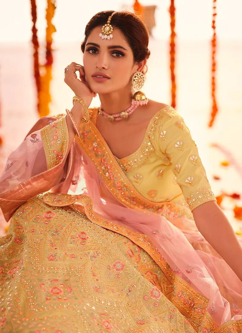 Elegant Yellow Color Organza Fabric Gota And Stone Work Lehenga