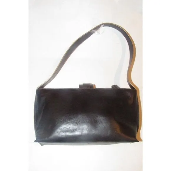 Furla Dark Brown Leather Shoulder Satchel with Camel Piping & Chrome Accents