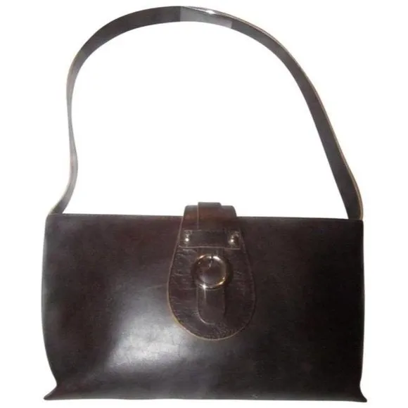 Furla Dark Brown Leather Shoulder Satchel with Camel Piping & Chrome Accents