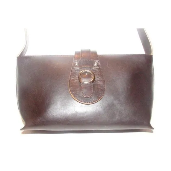 Furla Dark Brown Leather Shoulder Satchel with Camel Piping & Chrome Accents
