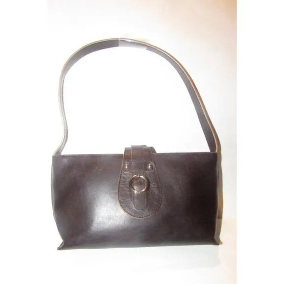 Furla Dark Brown Leather Shoulder Satchel with Camel Piping & Chrome Accents