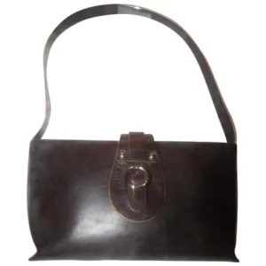 Furla Dark Brown Leather Shoulder Satchel with Camel Piping & Chrome Accents