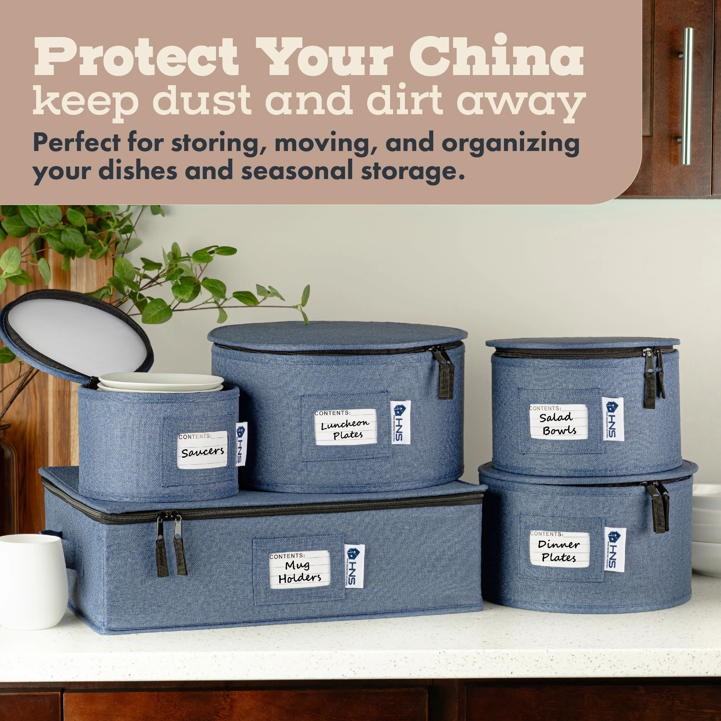 Hard Shell China Storage Containers 5-Piece Set Moving Boxes for Dinnerware, Glasses, Plates, Mugs and Saucers Sturdy Dish Organizer with Dividers for Seasonal Storage - Service for 12
