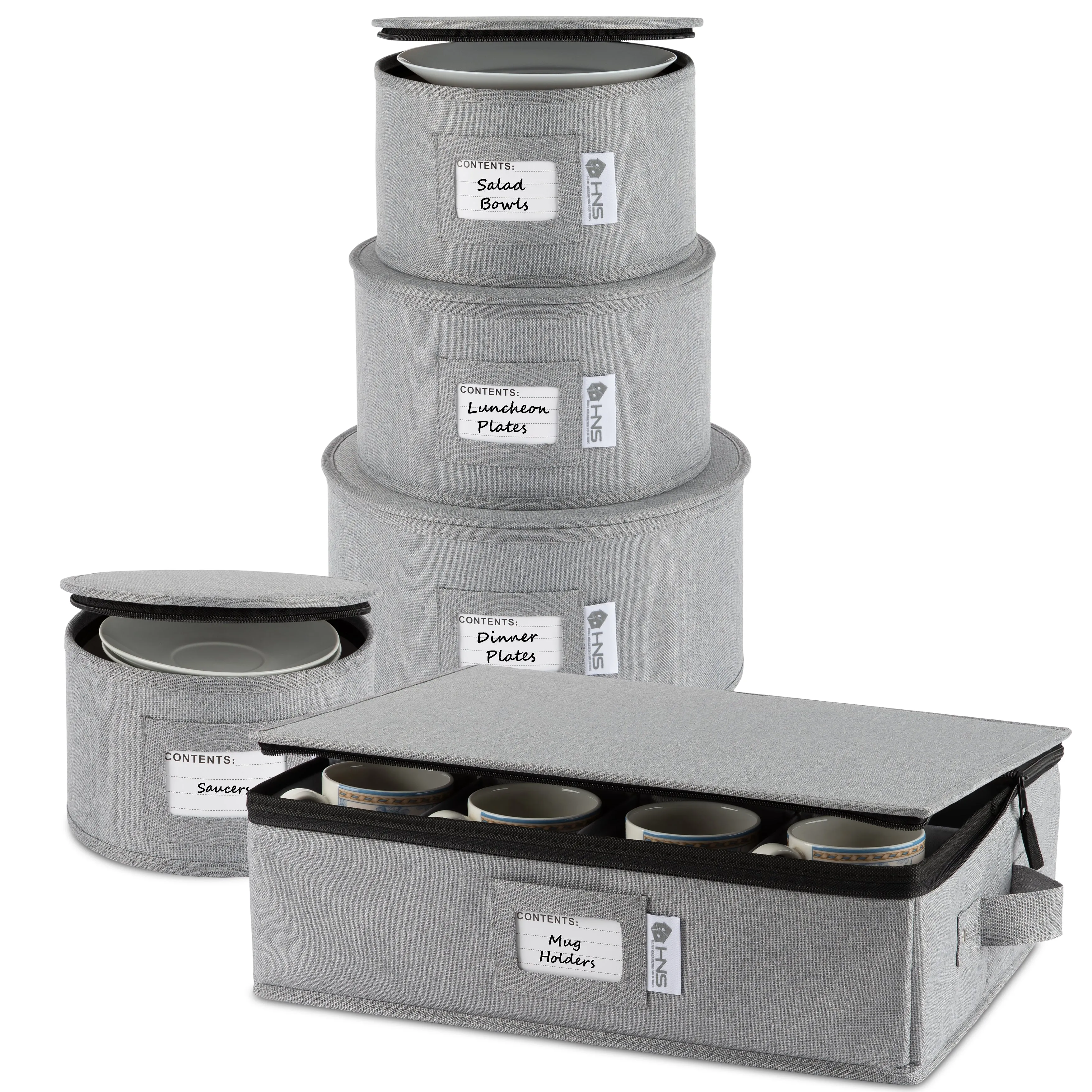 Hard Shell China Storage Containers 5-Piece Set Moving Boxes for Dinnerware, Glasses, Plates, Mugs and Saucers Sturdy Dish Organizer with Dividers for Seasonal Storage - Service for 12