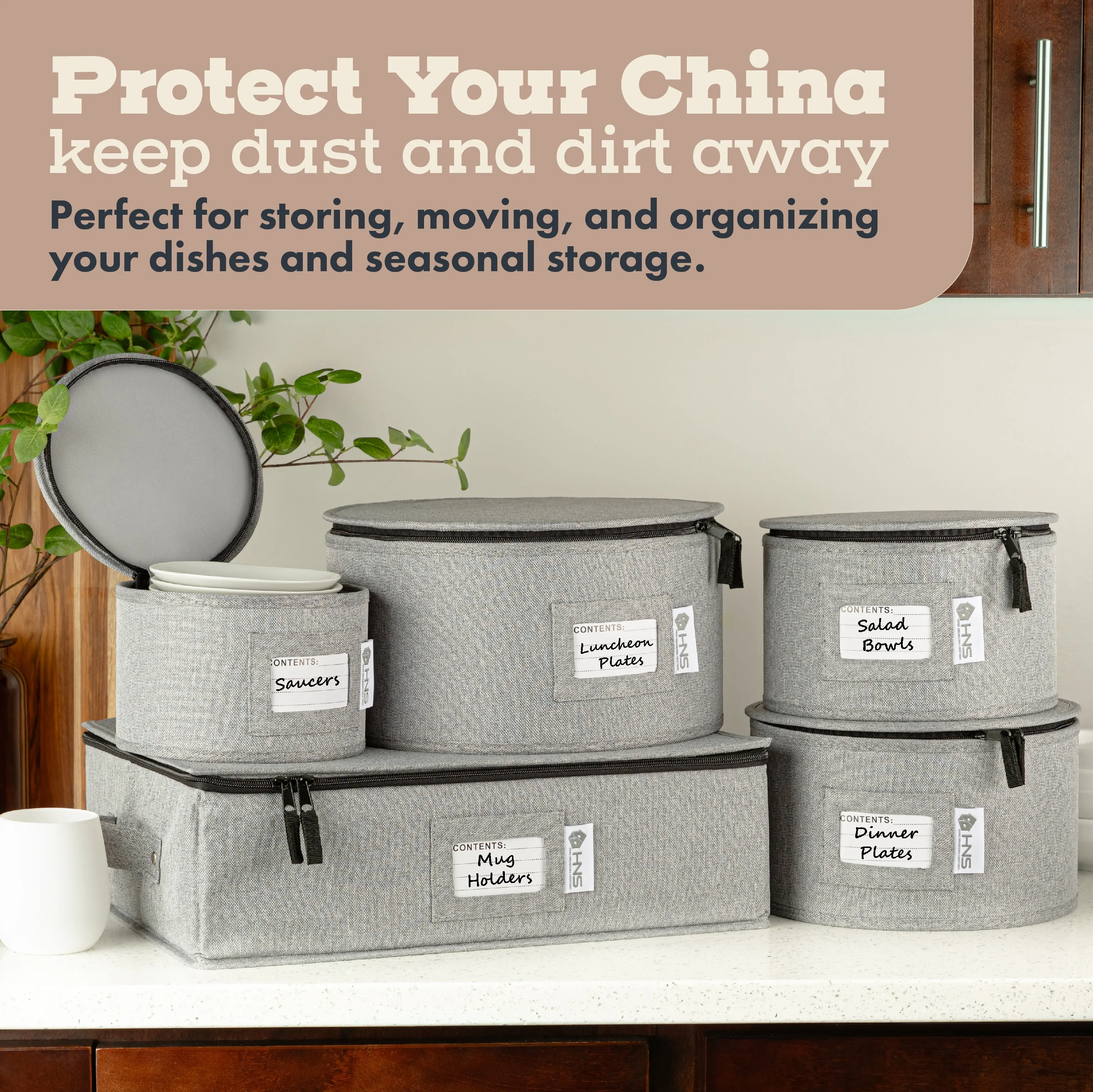 Hard Shell China Storage Containers 5-Piece Set Moving Boxes for Dinnerware, Glasses, Plates, Mugs and Saucers Sturdy Dish Organizer with Dividers for Seasonal Storage - Service for 12