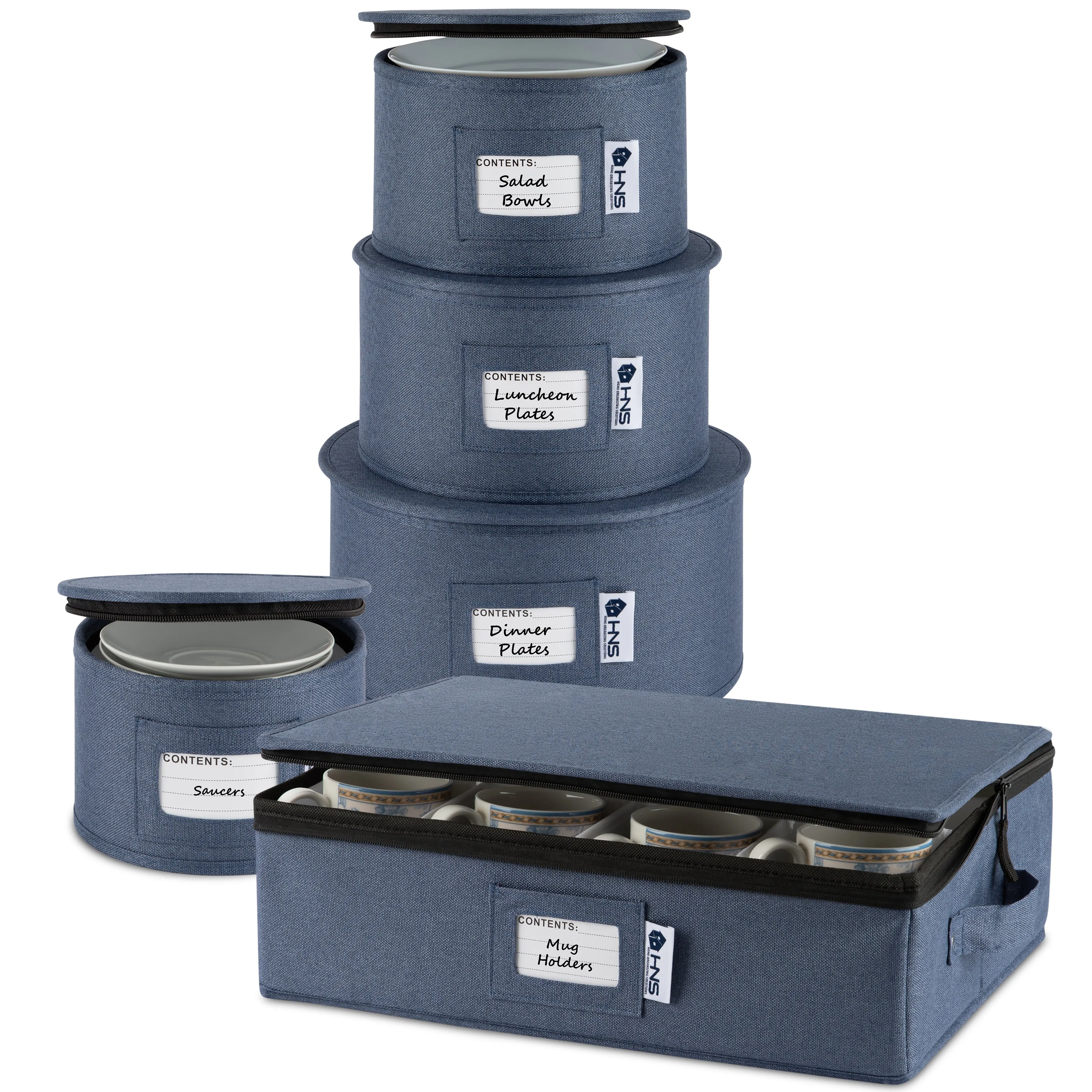 Hard Shell China Storage Containers 5-Piece Set Moving Boxes for Dinnerware, Glasses, Plates, Mugs and Saucers Sturdy Dish Organizer with Dividers for Seasonal Storage - Service for 12