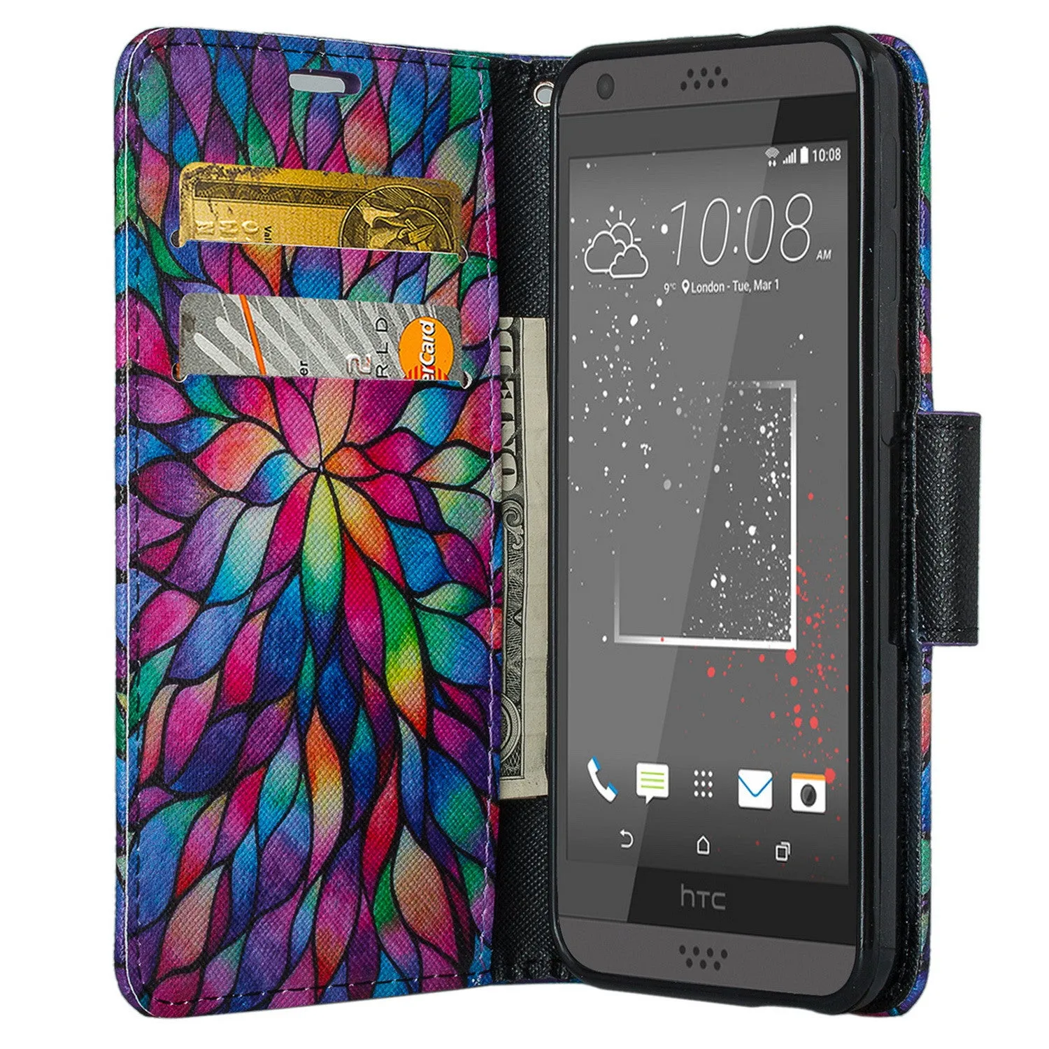 HTC Desire 530 Wallet Case, Wrist Strap Pu Leather Magnetic Flip Fold[Kickstand] with ID & Card Slots for Desire 530 - Rainbow Flower