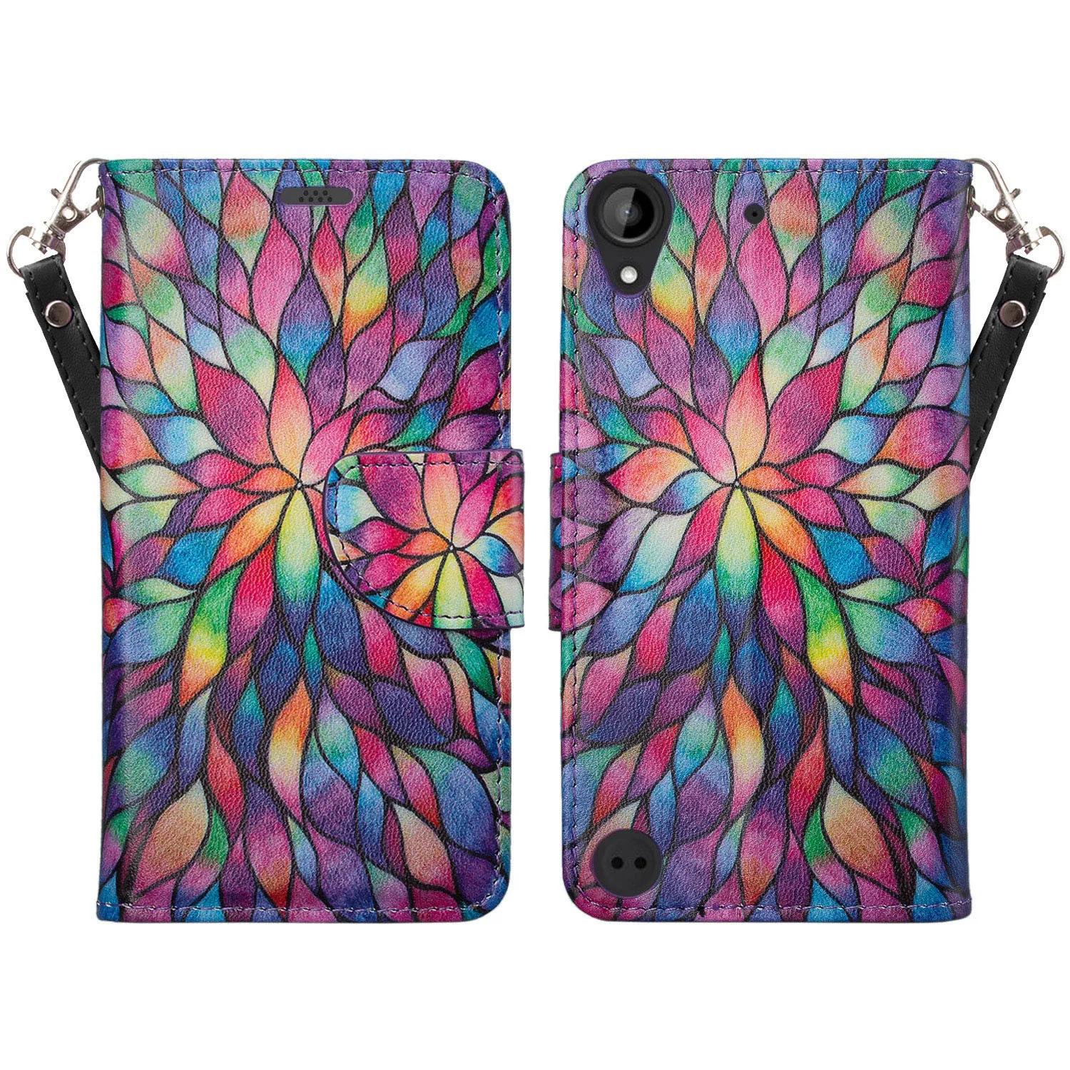 HTC Desire 530 Wallet Case, Wrist Strap Pu Leather Magnetic Flip Fold[Kickstand] with ID & Card Slots for Desire 530 - Rainbow Flower