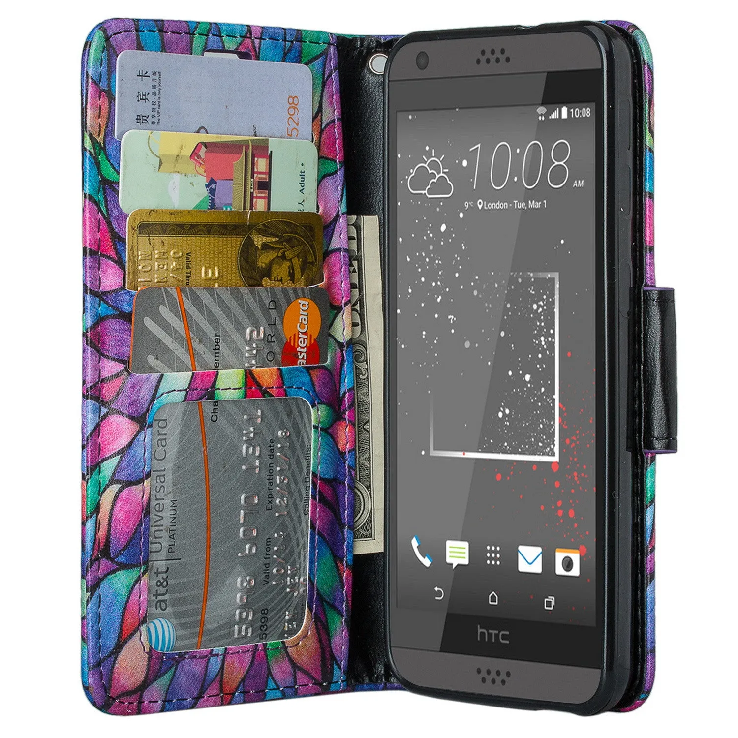 HTC Desire 530 Wallet Case, Wrist Strap Pu Leather Magnetic Flip Fold[Kickstand] with ID & Card Slots for Desire 530 - Rainbow Flower