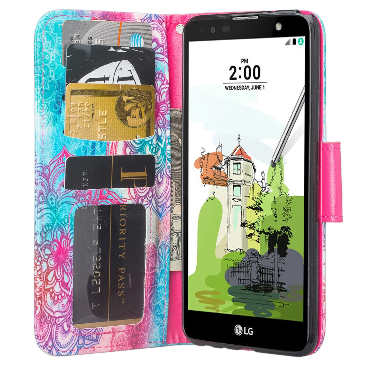 LG Stylo 2 Case, Stylo 2 V Wrist Strap Pu Leather Magnetic Fold[Kickstand] Wallet Case w/ ID & Card Slots for Stylo 2 - Teal Flower