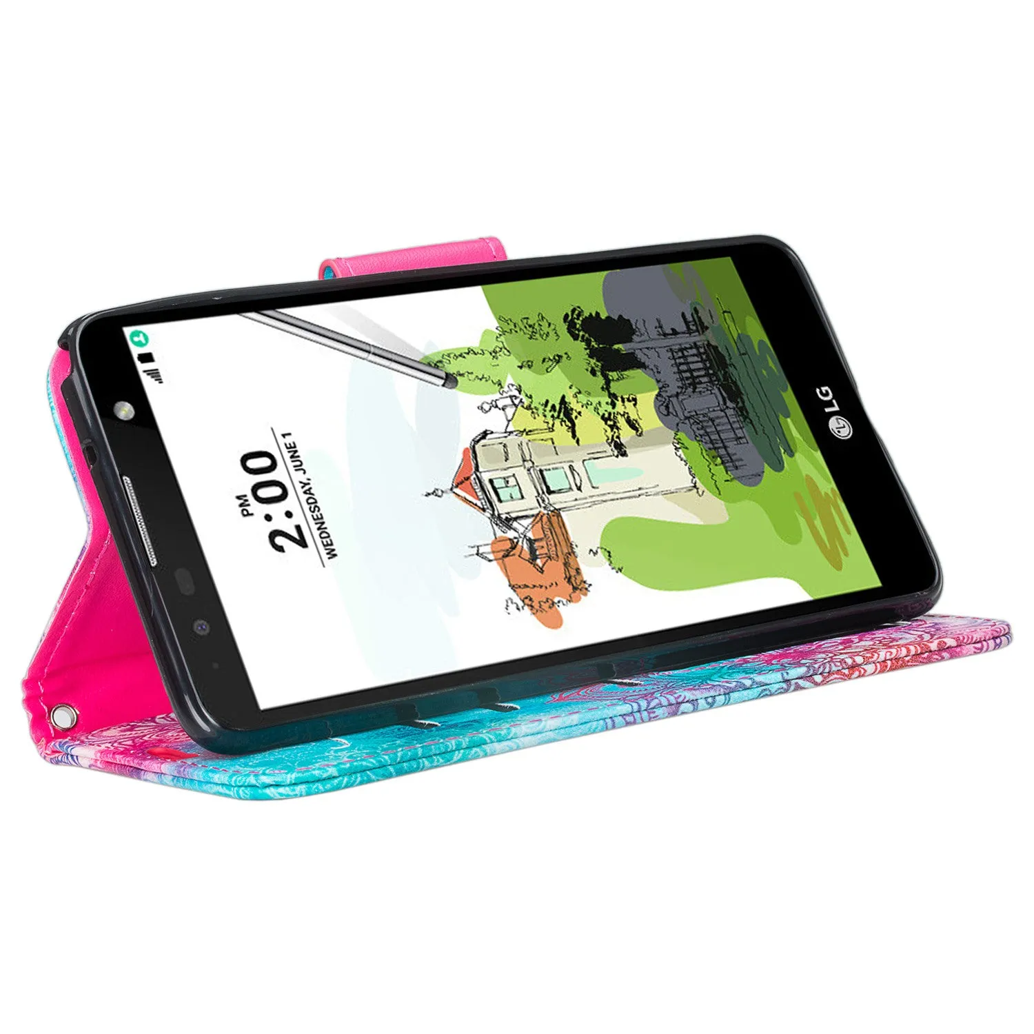 LG Stylo 2 Case, Stylo 2 V Wrist Strap Pu Leather Magnetic Fold[Kickstand] Wallet Case w/ ID & Card Slots for Stylo 2 - Teal Flower