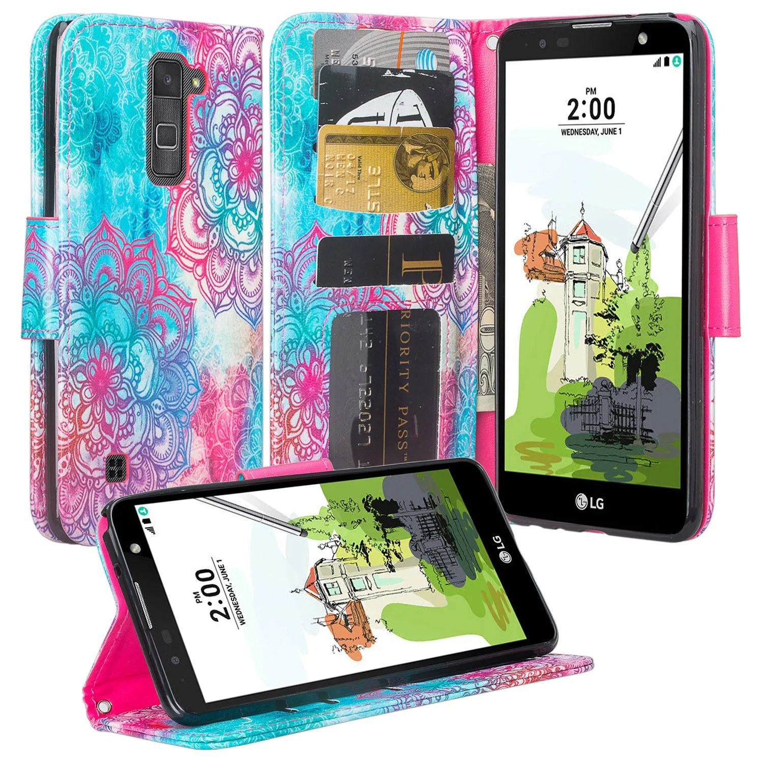 LG Stylo 2 Case, Stylo 2 V Wrist Strap Pu Leather Magnetic Fold[Kickstand] Wallet Case w/ ID & Card Slots for Stylo 2 - Teal Flower