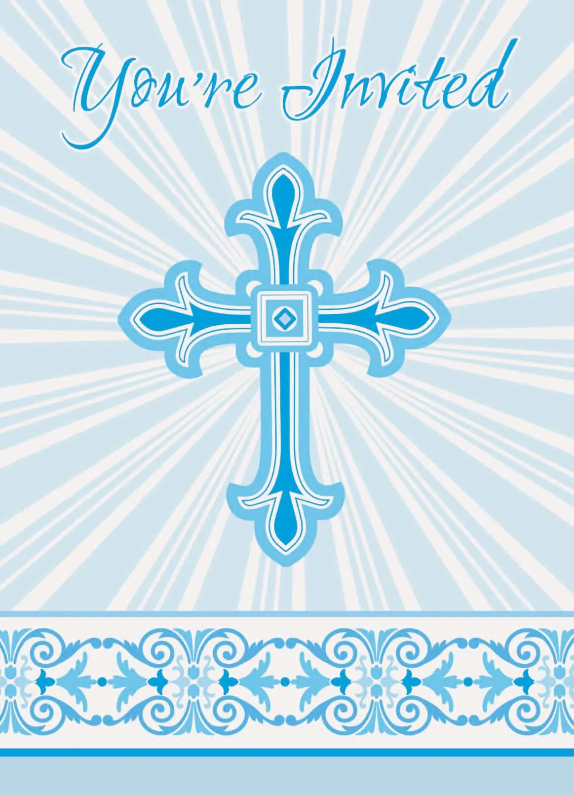 Radiant Cross Blue Invitations 8pk