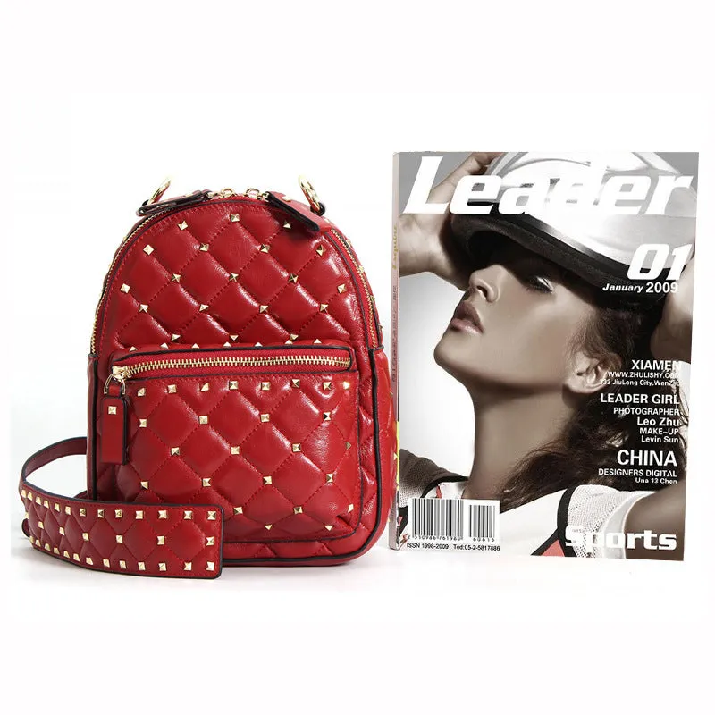 Small Top Grain Leather Rivet Sheepskin Designer Style Backpack