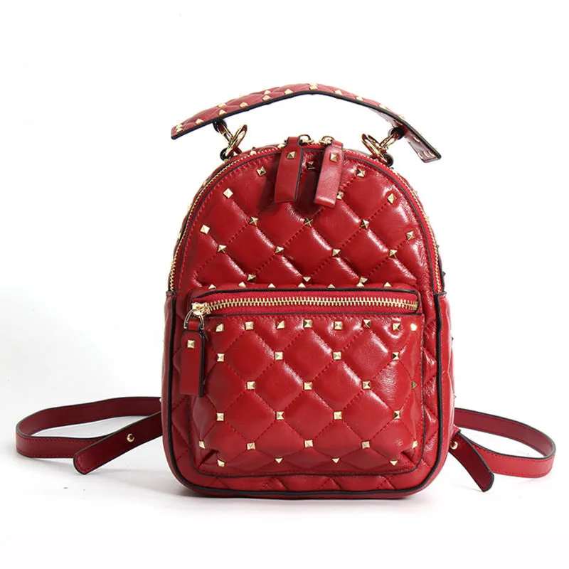 Small Top Grain Leather Rivet Sheepskin Designer Style Backpack