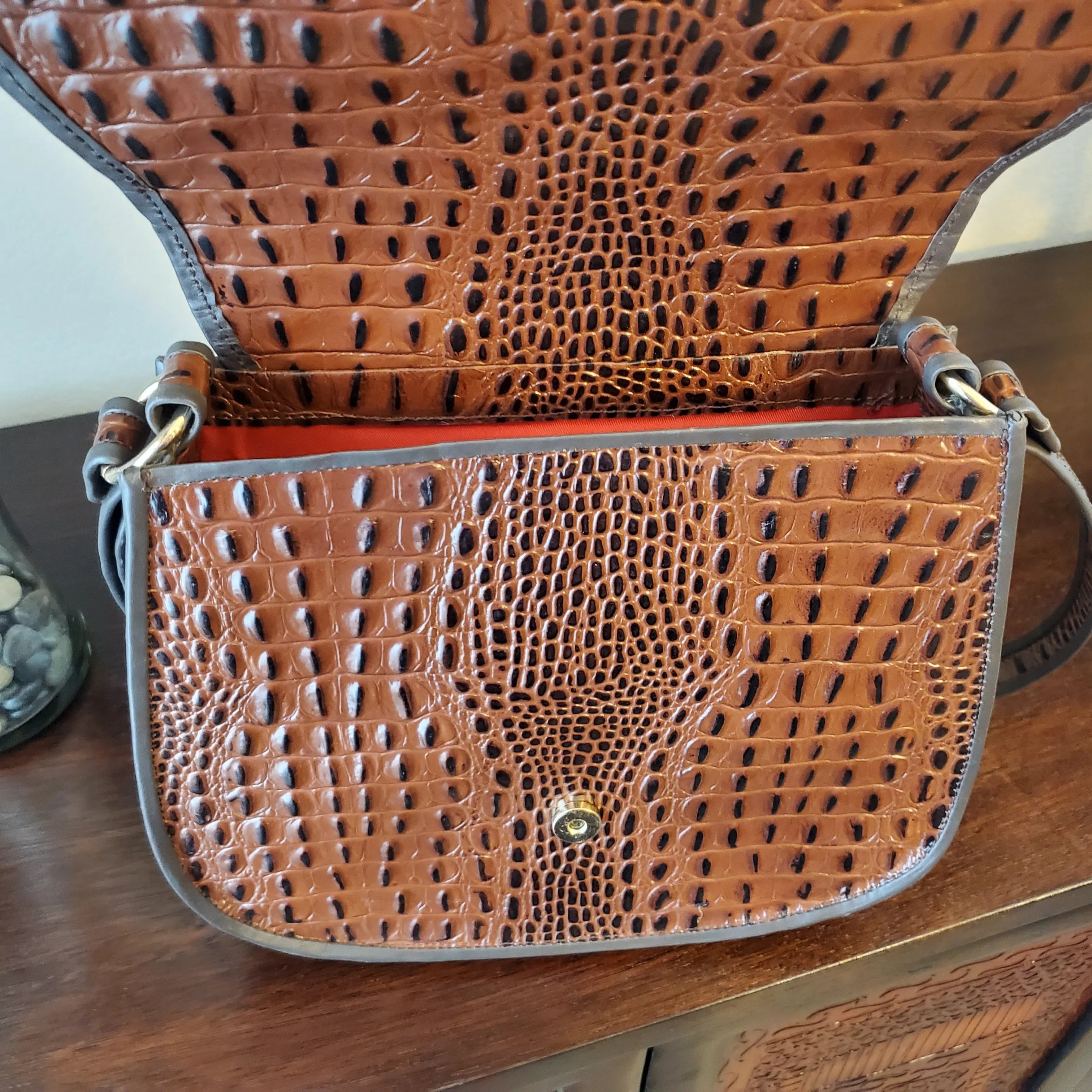 Sophia Saddle Handbag in Leather - Brown/Reptile Embossed Print