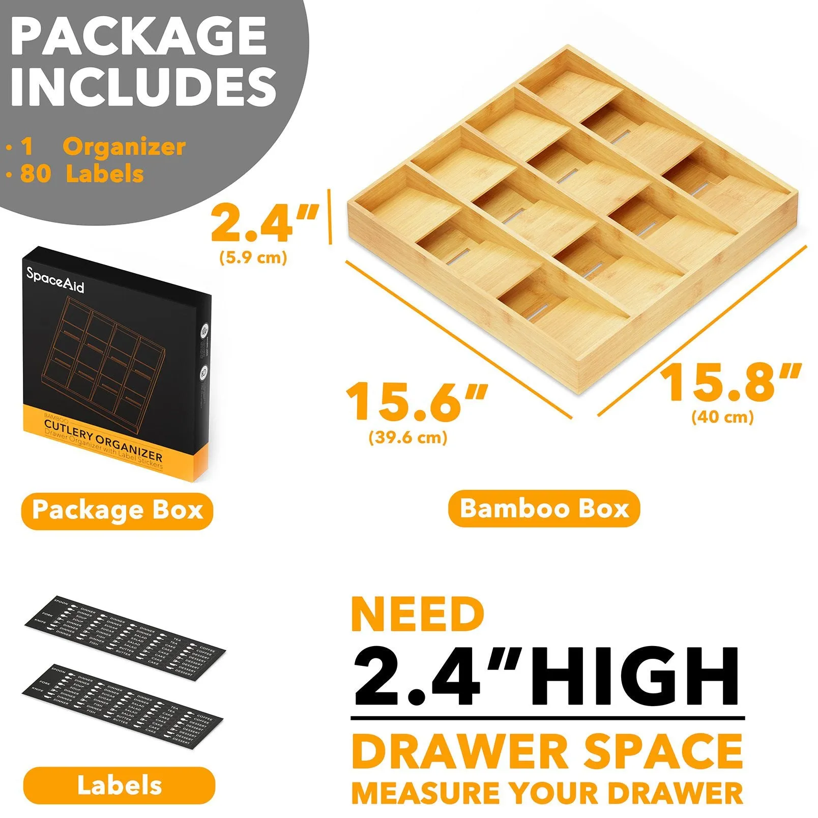 SpaceAid Bamboo Utensil Drawer Organizer with Labels, 12 Slots