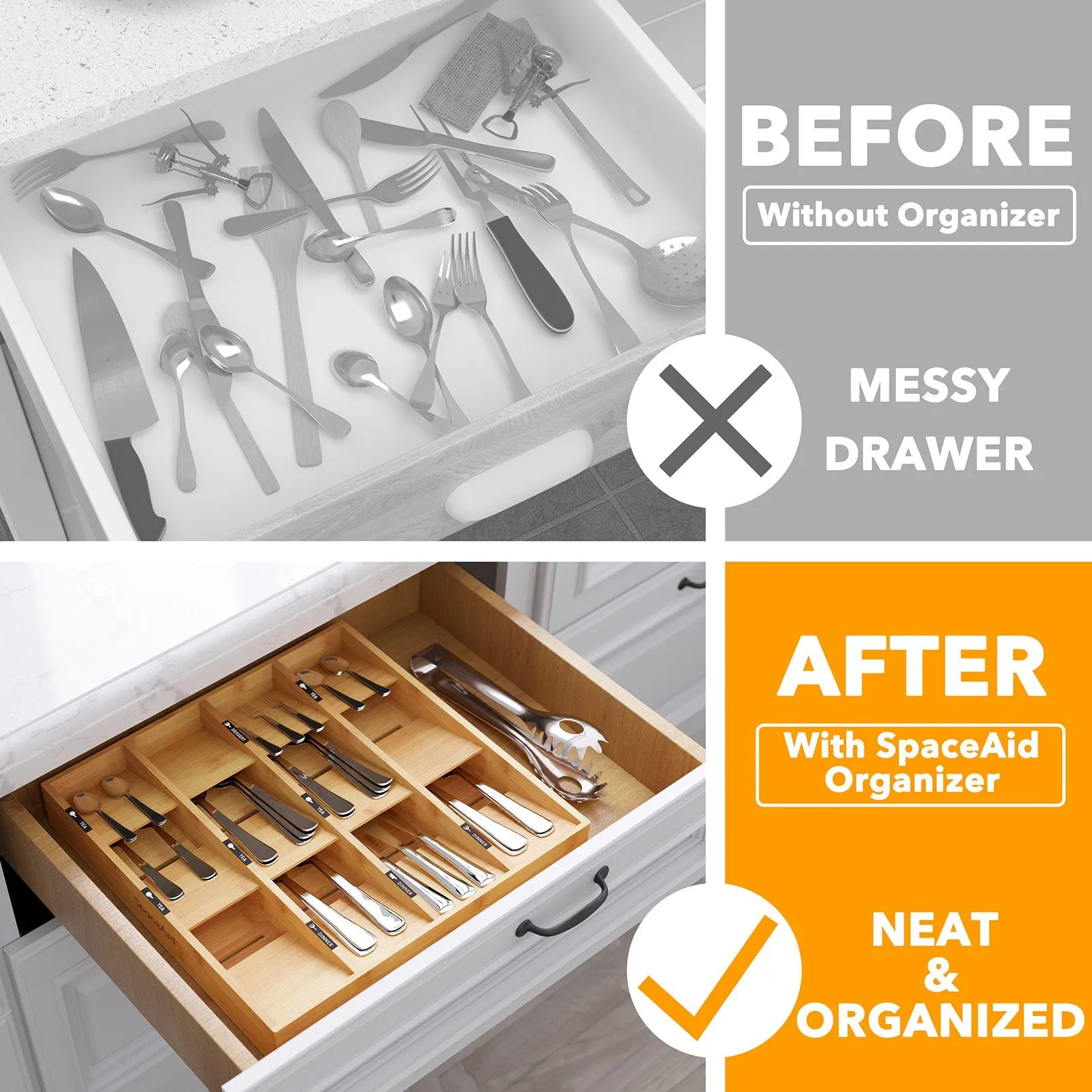 SpaceAid Bamboo Utensil Drawer Organizer with Labels, 12 Slots