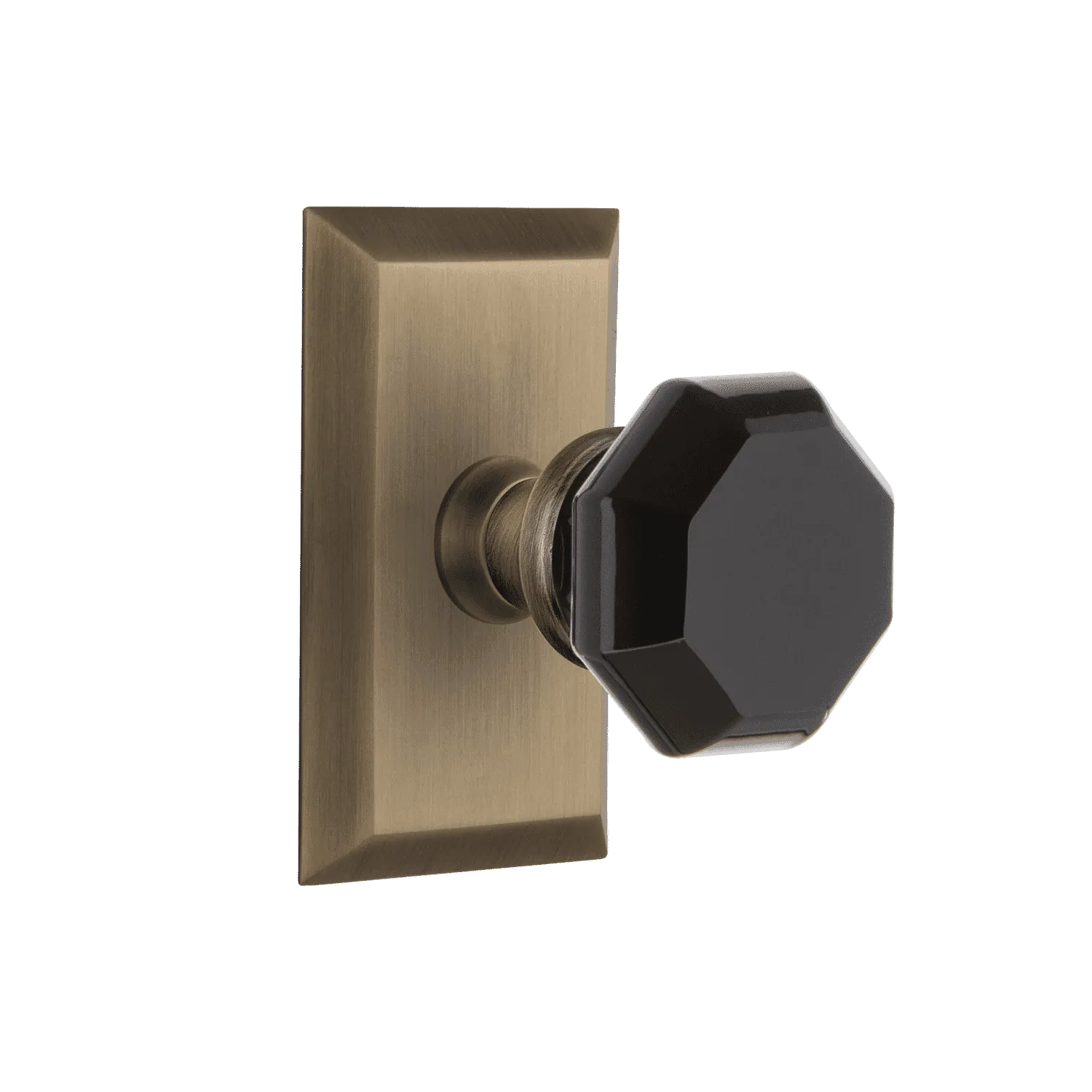Studio Short Plate with Black Waldorf Knob in Antique Brass